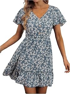 Летнее повседневное платье Milumia с цветочным принтом, V-образным вырезом и короткими рукавами 11307463