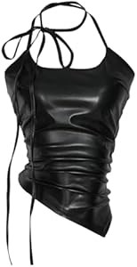 Женский топ Floerns Y2K без рукавов из искусственной кожи с рюшами и асимметричным подолом для клубных мероприятий 11258926