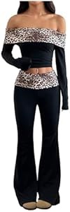 Женский костюм Floerns: леопардовый кроп-топ, лонгслив и расклешенные брюки, размер XS-L 11265970