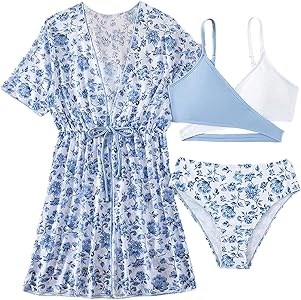 Комплект для девочек от Milumia: купальник из 3 предметов с цветочным принтом, перекрещенные лямки и покрывное платье 11289916