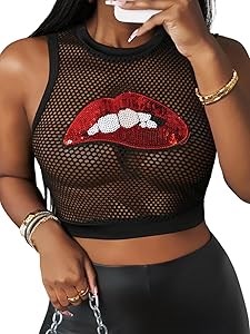 Молодежный сетчатый кроп-топ с блестками в виде губ Floerns, без рукавов, для вечеринок и концертов, дышащий 11309332