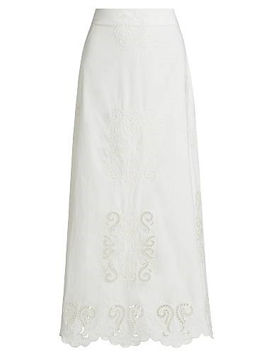 Макси-юбка с вышивкой маков из 100% хлопка с высокой талией и волнистым краем от Figue 11011698