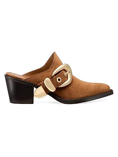 Stuart Weitzman Замшевые мюли Maven 50MM с каблуком-блоком 50 мм и золотистой пряжкой 11008898