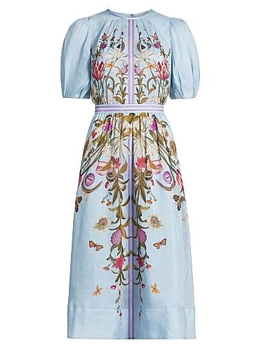 Платье миди с цветочным принтом из шелка и льна Teri Jon с пышными рукавами, 55% шелк, 45% лен 11030099