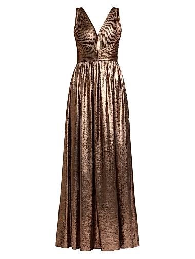Элегантное вечернее платье Zac Posen из металлизированного георгета с драпировкой и V-образным вырезом 11015362