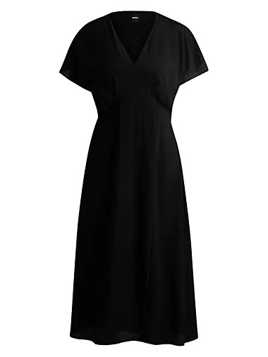 Boss Шелковое платье с V-образным вырезом и узором в горошек, свободный крой, длина до 115 см 10043146