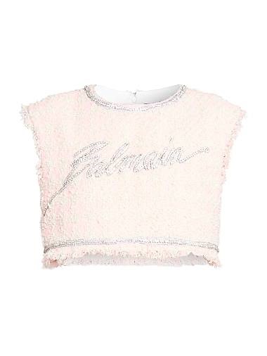 Кроп-топ Balmain из твида без рукавов с кристальным логотипом и бахромой 11025649