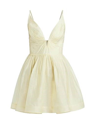 Zimmermann Мини-платье Illuminate с драпировкой, глубоким V-образным вырезом и бретелями из льняно-шёлковой смеси 11029125