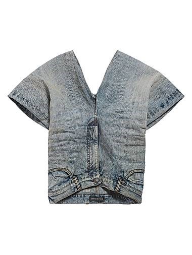 Джинсовый хлопковый топ с эффектом тромплё и короткими рукавами от Balenciaga, Италия 11015097