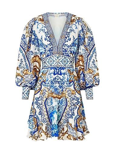 Шифоновое шёлковое платье Camilla с принтом, пуговицами, V-образным вырезом и длинными рукавами 11023484