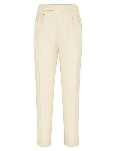 Брюки Brunello Cucinelli с двойными складками и мягкой посадкой в стиле шеврон, 38% шерсти, 34% шелка, 28% льна 11029926