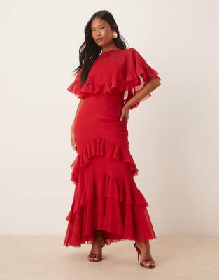 ASOS Petite Макси-платье ASOS DESIGN Petite с каплевидной вставкой, высоким воротником и рюшами, красное 11012832