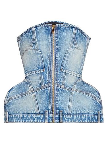 Джинсовое бюстье Balmain с застежкой-молнией, пеплумом и пятью карманами, 100% хлопок, Италия 11025691