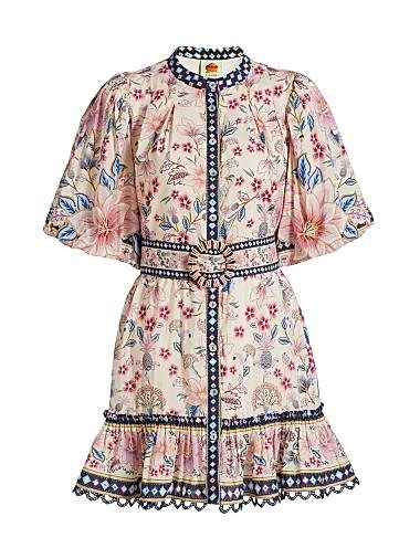 Мини-платье с поясом и рукавами-пуфами Superbloom от Farm Rio, круглый вырез, боковые карманы 11026220