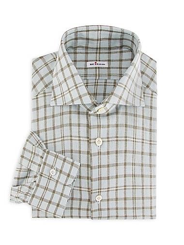 Рубашка в клетку из итальянской льняной смеси Kiton с отложным воротником и длинными рукавами 11019050