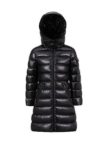Длинный пуховик из нейлона с утеплителем для девочек Moncler Moka, с капюшоном и карманами на молнии 11016138
