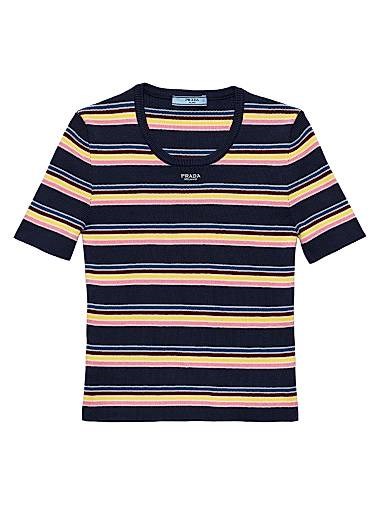 Хлопковый свитер Prada с коротким рукавом, облегающим силуэтом, полосками и вышитым логотипом 11013611
