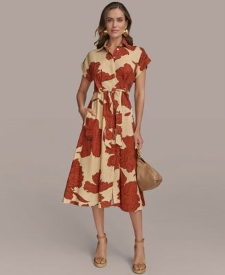 Женское рубашечное платье с поясом от Donna Karan New York с короткими рукавами и металлическими люверсами 11020072