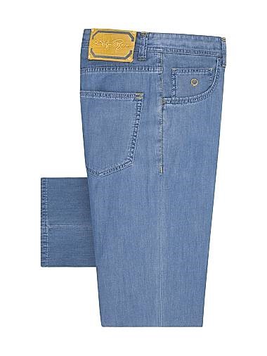 Светло-голубые зауженные джинсы Slim Fit от Stefano Ricci с высокой талией и кожаной отделкой из крокодила, производство Италия 11016144