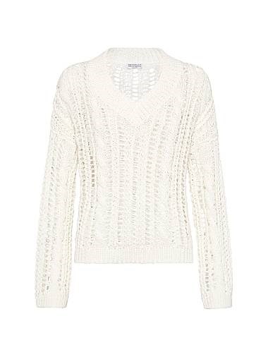 Свитер Brunello Cucinelli из джута и хлопка с V-образным вырезом, широкими рукавами и разнообразными вязаными узорами 11028586