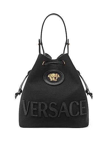 Versace Сумка-ведро из хлопка и кожи с ручкой и стяжной застежкой, размеры 16 см x 22,5 см x 14 см 11023592