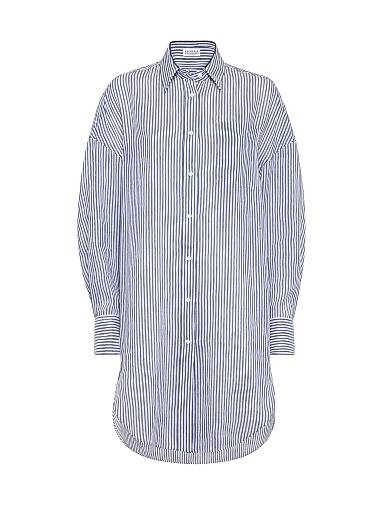Длинная полосатая рубашка из льна и шелка от Brunello Cucinelli с классическим воротником и нагрудным карманом 11029787