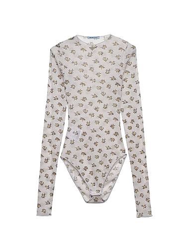 Тюлевое боди с цветочным принтом эдельвейс от Prada, облегающее, лонгслив 11016677