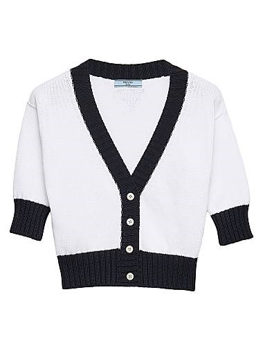 Хлопковый кардиган Prada с короткими рукавами, V-образным вырезом и пуговичной застёжкой 11008414