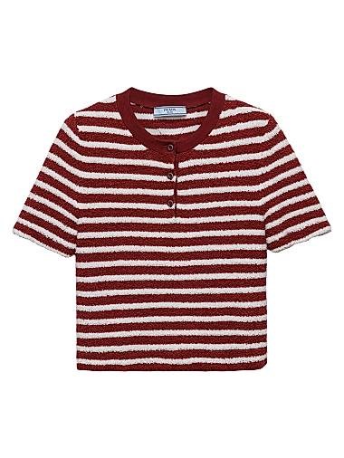 Свитер свободного кроя Prada с короткими рукавами из хлопкового букле с полосками и пуговичной планкой 11008449