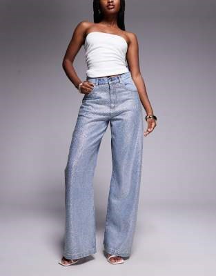 Светло-голубые джинсы ASOS LUXE с декором hotfix, высокой талией и широким кроем 11012133