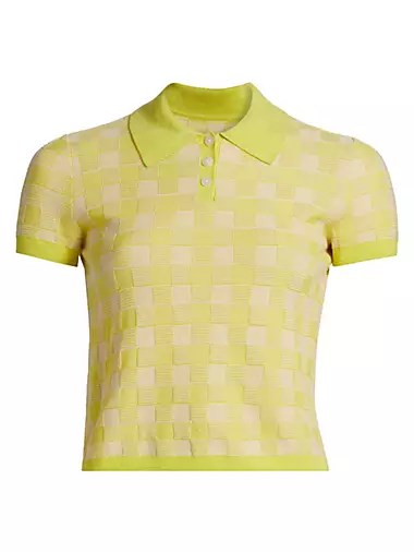 Поло Gingham от Guest in Residence из 70% шелка и 30% льна с короткими рукавами и воротником-поло 10042697