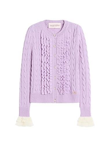 Кардиган из шерсти от Valentino Garavani с мохеровыми рюшами на манжетах и пуговицами из перламутра и страз 11028634