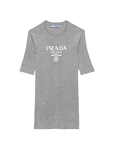Шелковый облегающий свитер Prada с короткими рукавами и логотипом, отделка резинкой 11011945