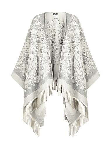 Кейп из жаккардовой шерсти с отделкой кисточками от Etro, 100% шерсть, открытый фасон, Италия 11013636