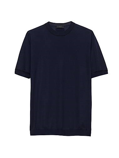 Вязаный шерстяной свитер Prada с круглым вырезом, рифлёным воротником и логотипом в виде треугольника 11015145