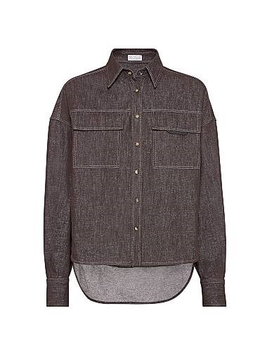 Джинсовая рубашка Brunello Cucinelli с блестящими деталями, классическим воротником и фурнитурой из рога, 60% хлопок. 11014193