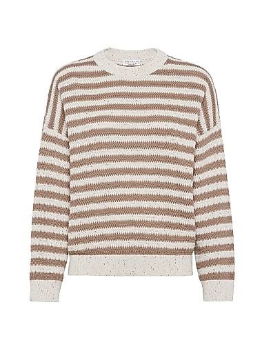 Стильный полосатый хлопковый свитер Brunello Cucinelli с круглым вырезом и широкими рукавами, Италия 11013863
