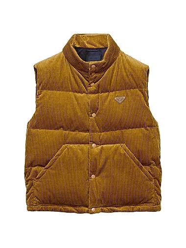 Утеплённая гусиным пухом свободная вельветовая куртка Prada без рукавов с капюшоном 11028453