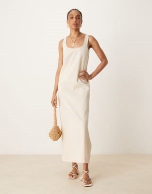 Миди-платье ASOS Tall из хлопка и льна с круглым вырезом, удобной посадкой и боковыми разрезами 11012763
