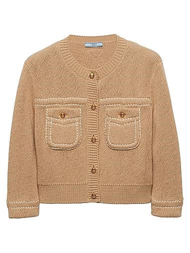 Кардиган из хлопка Prada с рукавами 3/4, воротником, накладными карманами и контрастной вышивкой 11011269