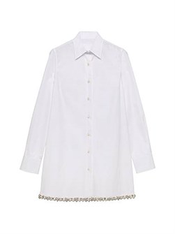 Рубашка из поплина с вышивкой Prada с классическим силуэтом, прямым кроем и кристаллами на рукаве 11029204