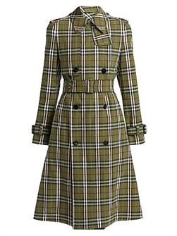 Тренчкот из льна с клетчатым узором от Burberry: прямой силуэт, длинные рукава, с поясом 11024639