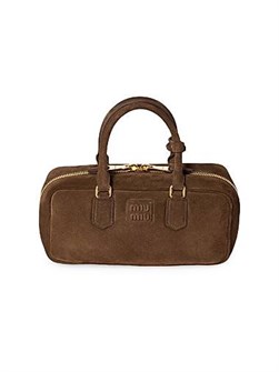 Miu Miu Замшевая сумка Arcadie с кожаными ручками, съемным плечевым ремешком и хлопковой отделкой 11015364