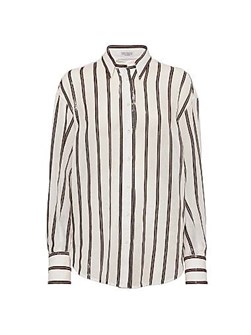 Хлопковая рубашка Brunello Cucinelli из органзы с восхитительной полосатой вышивкой, классическим воротником 11029830