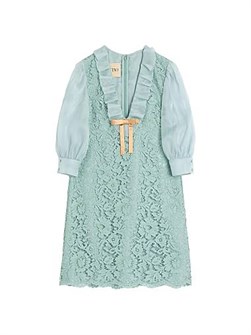 Короткое платье из плотного кружева Valentino Garavani с органзовыми рукавами и контрастным сатиновым бантом 11012446