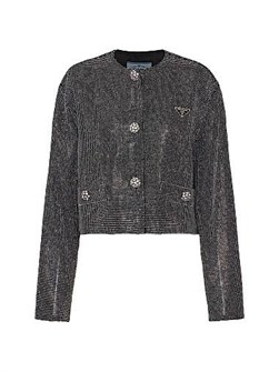 Приталенная куртка с однотонной застежкой и камнями Swarovski от Prada, круглый вырез 11019821