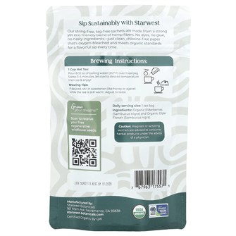 Starwest Botanicals Органический чай из бузины без кофеина, 20 чайных пакетиков, 40 г, без ГМО, сертифицированный USDA 11047236