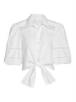 Cinq a Sept Блуза Marianna с цветочной кружевной отделкой, рукавами-пуффами и пуговицей спереди от Cinq a Sept 11009887