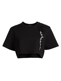 Кроп-топ с цветочной брошью из стретчевого хлопка от Area, 95% хлопок, украшен стразами 11029867