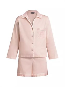 Пижама из хлопка с вышивкой от Natori - лонгслив с расклёшённым воротником и шорты на резинке 10041856